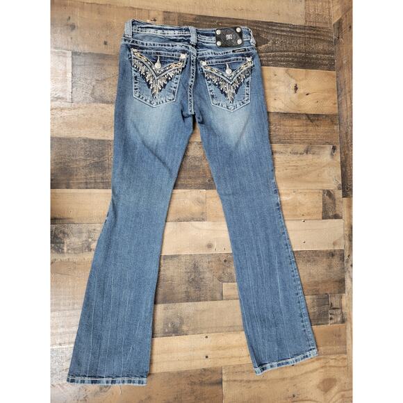 Miss Me Womens 28 Denim Blue Jeans Indian Feathers Rhinestones Boot Cut JW5617BV - Picture 2 of 8